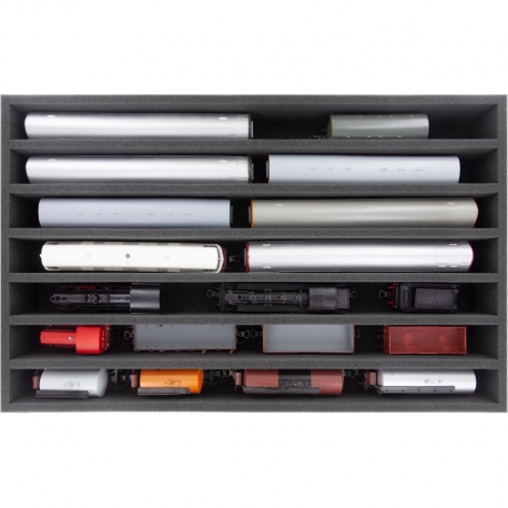 Euro Box / Container Case for model railway locomotives, wagons and vehicles - 7 slots for 00 Gauge - vertical