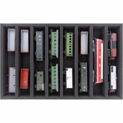 Feldherr Storage Box DSLB075 para maquetas de locomotoras, vagones y vehículos - 8 ranuras para ancho de vía H0 - horizontal