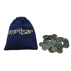 Metallic coins and cloth bag for the Amritsar board game by Ludonova
