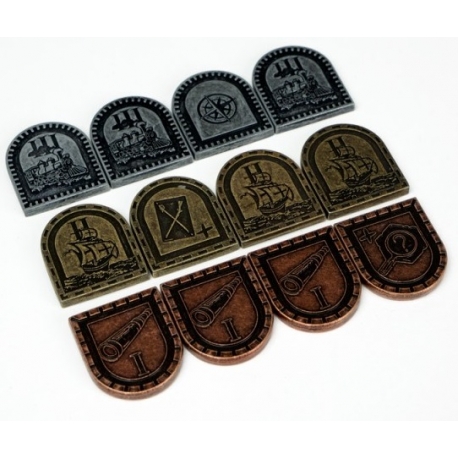Brazil: Imperial - Fichas de acción de metal para el juego de mesa de Maldito Games