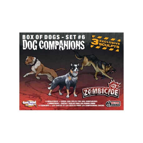 Dog Companions es una expansión compuesta por 6 perros zombies en miniatura para el juego de mesa cooperativo Zombicide