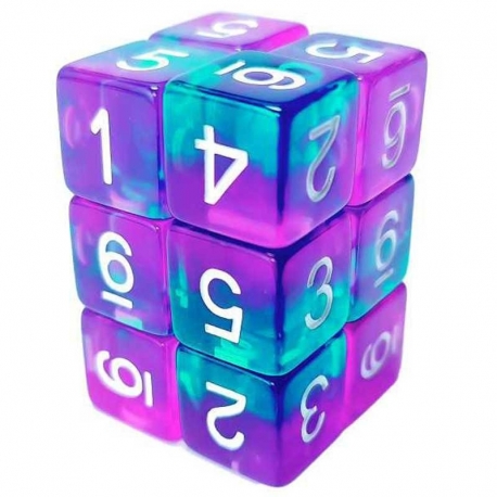 12x Dice D6 16mm - Turquoise/Transparent Lilac