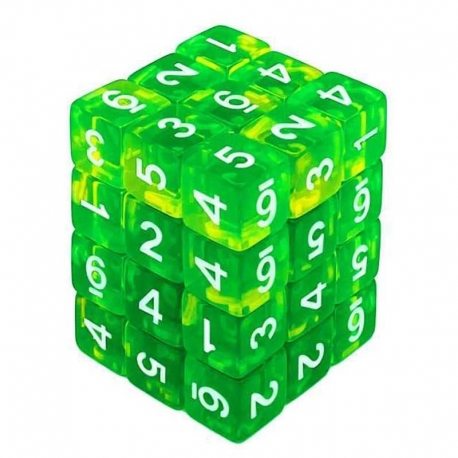 36x Dice D6 12mm - Green/Transparent Yellow