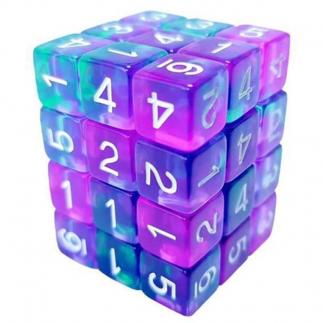 36x Dice D6 12mm - Turquoise/Transparent Lilac