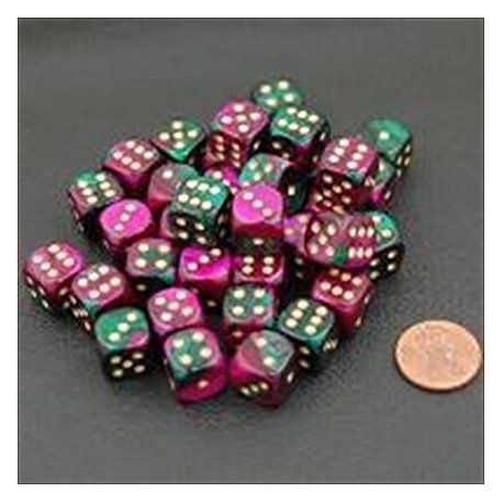 Dados Gemini de 6 caras de 12mm con puntos verde/púrpura/dorado