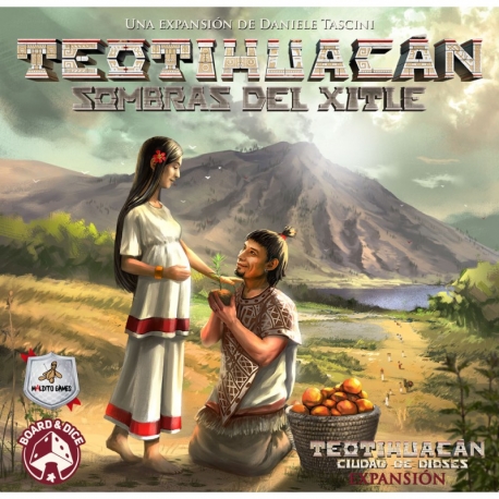 Pack containing the Shadows of the Xitle expansion and promo cards for the Teotihuacán game from Maldito Games