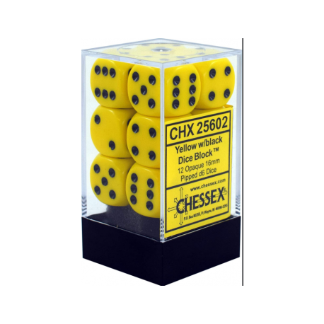 Chessex Opaque 16mm d6 with pips Dice Blocks (12 Dice) - Yellow w/black