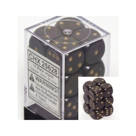 Chessex Opaque 16mm d6 with pips Dice Blocks (12 Dice) - Black w/gold