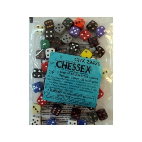 Chessex Opaque Bags of 50 Asst. Dice - Loose Opaque 16mm d6 w/pips Dice