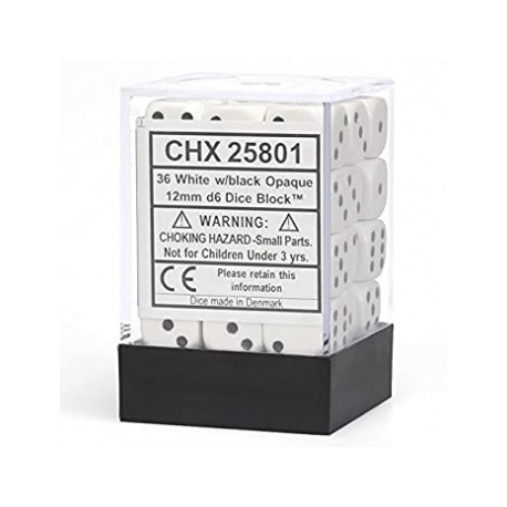 Chessex Opaque 12mm d6 with pips Dice Blocks (36 Dice) - White w/black
