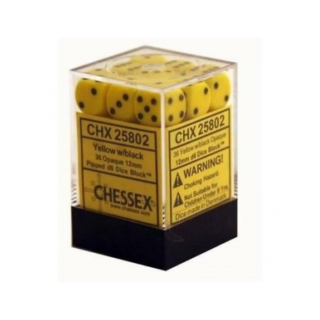 Chessex Opaque 12mm d6 with pips Dice Blocks (36 Dice) - Yellow w/black