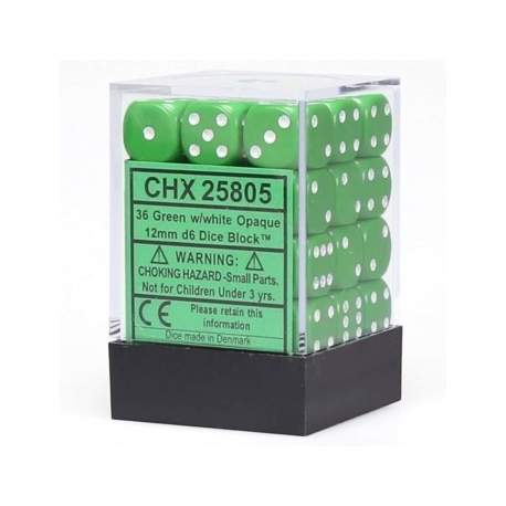 Chessex Opaque 12mm d6 with pips Dice Blocks (36 Dice) - Green w/white