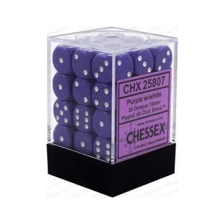Chessex Opaque 12mm d6 with pips Dice Blocks (36 Dice) - Purple w/white