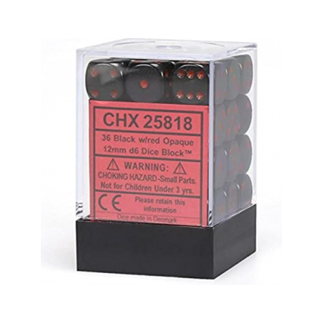 Chessex Opaque 12mm d6 with pips Dice Blocks (36 Dice) - Black w/red