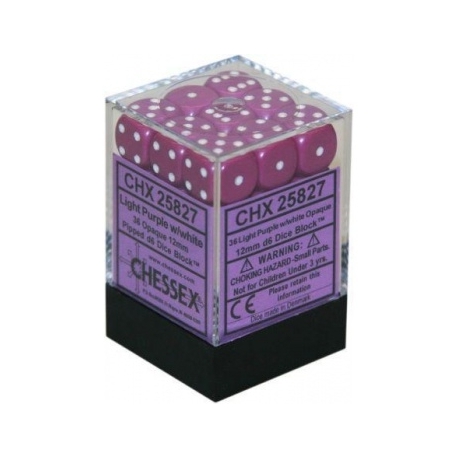 Chessex Opaque 12mm d6 with pips Dice Blocks (36 Dice) - Light Purple w/white
