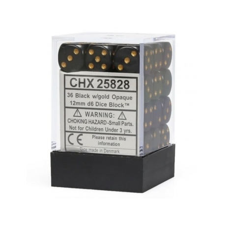 Chessex Opaque 12mm d6 with pips Dice Blocks (36 Dice) - Black w/gold