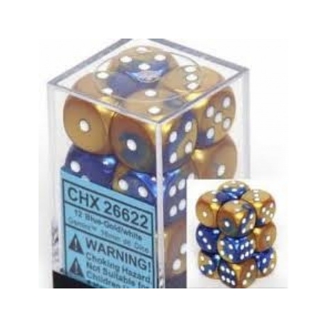 Chessex Gemini 16mm d6 with pips Dice Blocks (12 Dice) - Blue-Gold w/white
