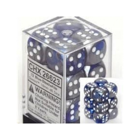 Chessex Gemini 16mm d6 with pips Dice Blocks (12 Dice) - Blue-Steel w/white