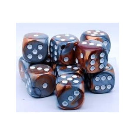 Chessex Gemini 16mm d6 with pips Dice Blocks (12 Dice) - Copper-Steel w/white