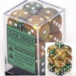 Chessex Gemini 16mm d6 with pips Dice Blocks (12 Dice) - Gold-Green w/white