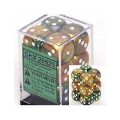 Chessex Gemini 16mm d6 with pips Dice Blocks (12 Dice) - Gold-Green w/white