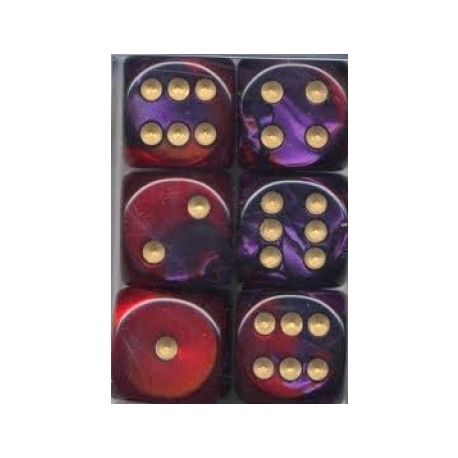Chessex Gemini 16mm d6 with pips Dice Blocks (12 Dice) - Purple-Red w/gold