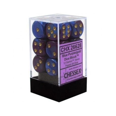 Chessex Gemini 16mm d6 with pips Dice Blocks (12 Dice) - Blue-Purple w/gold