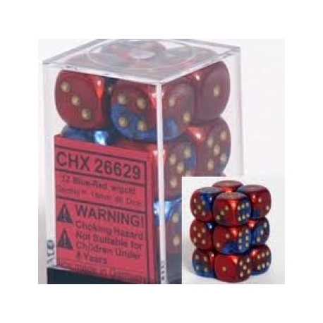 Chessex Gemini 16mm d6 with pips Dice Blocks (12 Dice) - Blue-Red w/gold