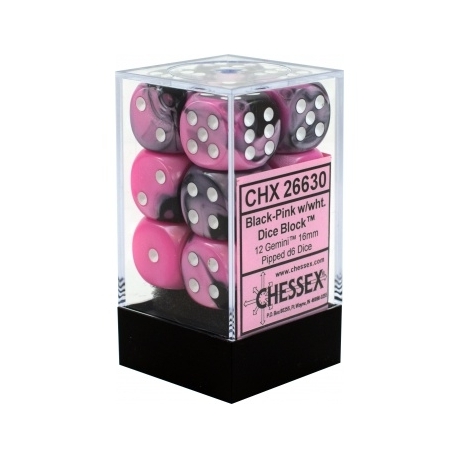 Chessex Gemini 16mm d6 with pips Dice Blocks (12 Dice) - Black-Pink w/white
