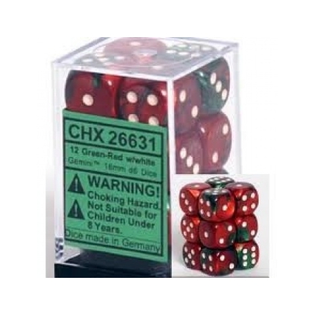Chessex Gemini 16mm d6 with pips Dice Blocks (12 Dice) - Green-Red w/white