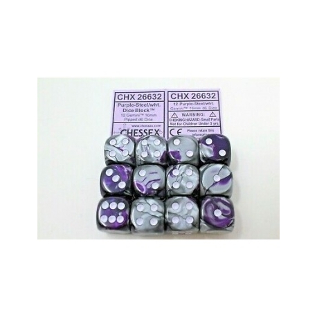 Chessex Gemini 16mm d6 with pips Dice Blocks (12 Dice) - Purple-Steel w/white