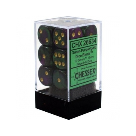 Chessex Gemini 16mm d6 with pips Dice Blocks (12 Dice) - Green-Purple w/gold