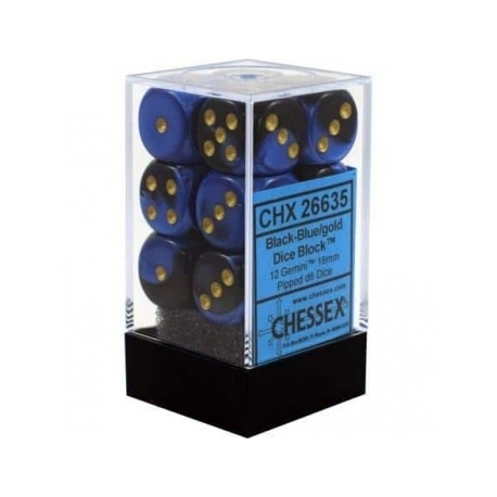 Chessex Gemini 16mm d6 with pips Dice Blocks (12 Dice) - Black-Blue w/gold