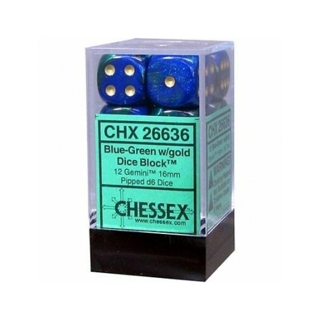 Chessex Gemini 16mm d6 with pips Dice Blocks (12 Dice) - Blue-Green w/gold