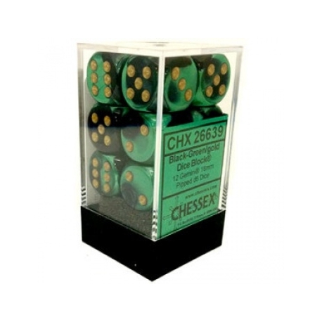 Chessex Gemini 16mm d6 with pips Dice Blocks (12 Dice) - Black-Green w/gold
