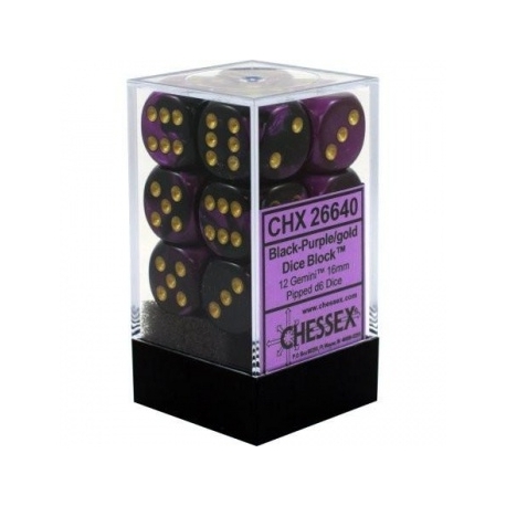 Chessex Gemini 16mm d6 with pips Dice Blocks (12 Dice) - Black-Purple w/gold