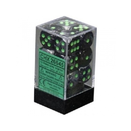 Chessex Gemini 16mm d6 with pips Dice Blocks (12 Dice) - Black-Grey w/green