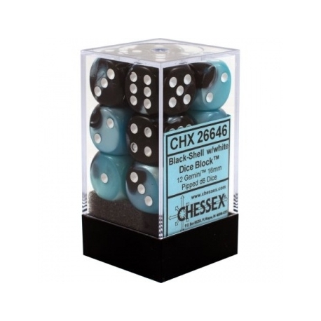 Chessex Gemini 16mm d6 with pips Dice Blocks (12 Dice) - Black-Shell w/white
