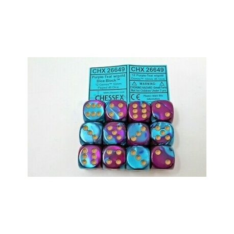 Chessex Gemini 16mm d6 with pips Dice Blocks (12 Dice) - Purple-Teal w/gold