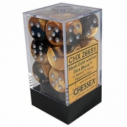 Chessex Gemini 16mm d6 with pips Dice Blocks (12 Dice) - Black-Gold w/silver