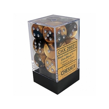 Chessex Gemini 16mm d6 with pips Dice Blocks (12 Dice) - Black-Gold w/silver