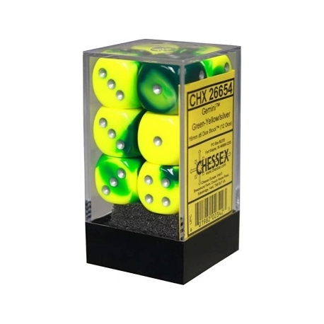 Chessex Gemini 16mm d6 with pips Dice Blocks (12 Dice) - Green-Yellow w/silver