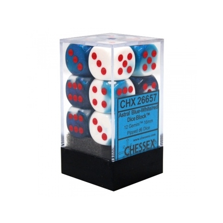 Chessex Gemini 16mm d6 with pips Dice Blocks (12 Dice) - Astral Blue-White w/red