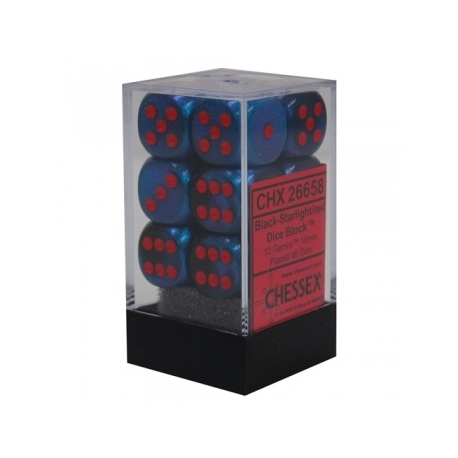 Chessex Gemini 16mm d6 with pips Dice Blocks (12 Dice) - Black-Starlight w/red