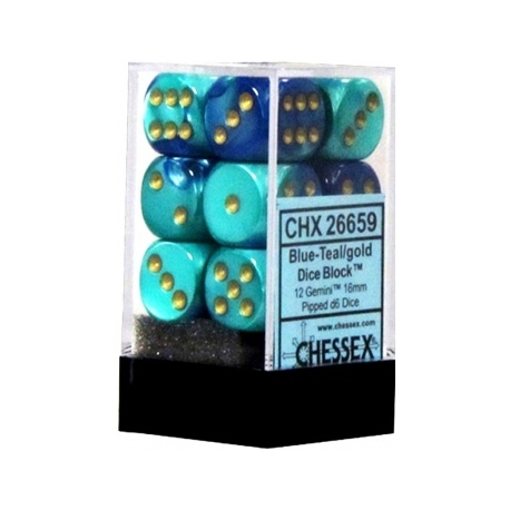 Chessex Gemini 16mm d6 with pips Dice Blocks (12 Dice) - Blue-Teal w/gold