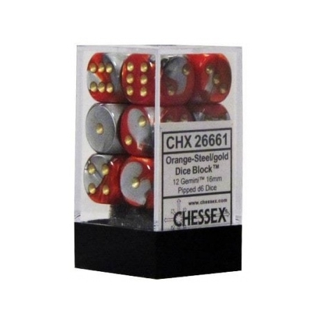 Chessex Gemini 16mm d6 with pips Dice Blocks (12 Dice) - Orange-Steel w/gold