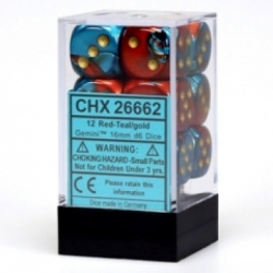 Chessex Gemini 16mm d6 with pips Dice Blocks (12 Dice) - Red-Teal with gold