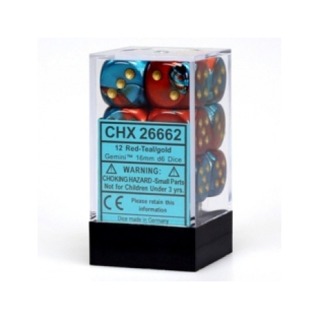 Chessex Gemini 16mm d6 with pips Dice Blocks (12 Dice) - Red-Teal with gold