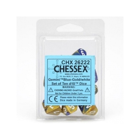 Juegos Chessex Gemini Poliédrico Ten d10 - Azul-Oro con blanco