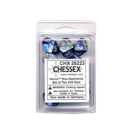Chessex Gemini Polyhedral Ten d10 Sets - Blue-Steel w/white
